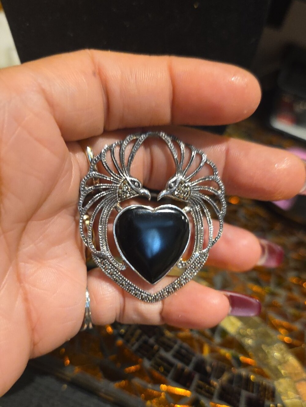 Silver-Tone Heart Brooch with Black Heart Stone - Picture 3 of 6
